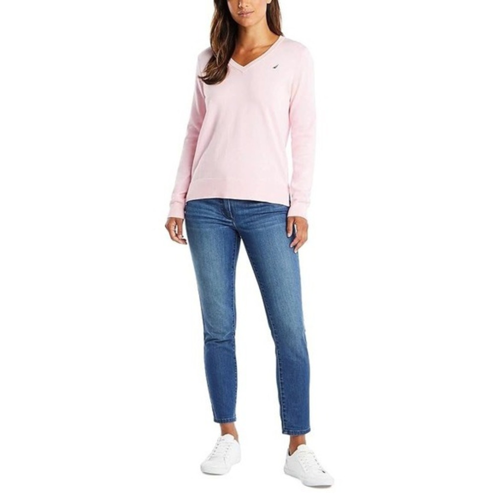 Nautica Womens Pink V-Neck Long Sleeve Cotton Knit Sweater Size M